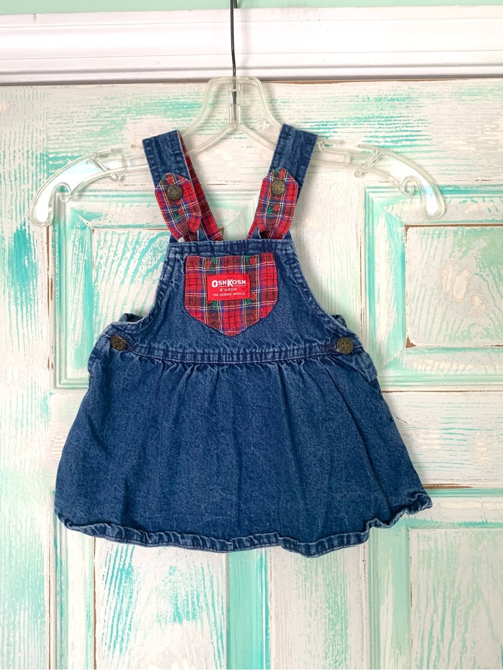 Vintage 90’s Oshkosh B’Gosh Denim & Red Plaid Baby Girl Overall Jumper Dress 18M